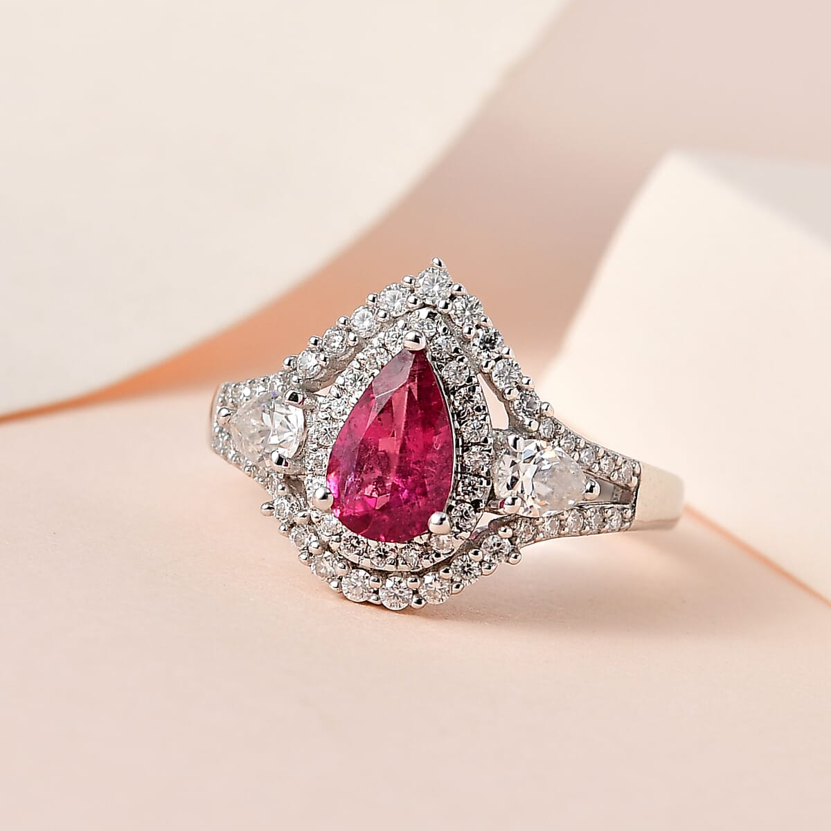 Premium Ouro Fino Rubellite and Moissanite Ring in Platinum Over Sterling Silver (Size 10.0) 1.40 ctw image number 1