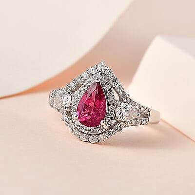 Premium Ouro Fino Rubellite and Moissanite Ring in Platinum Over Sterling Silver (Size 10.0) 1.40 ctw