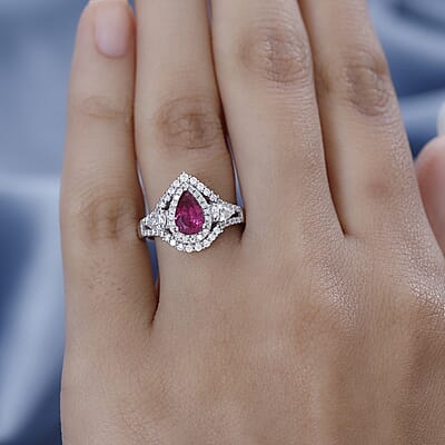 Premium Ouro Fino Rubellite and Moissanite Ring in Platinum Over Sterling Silver (Size 10.0) 1.40 ctw