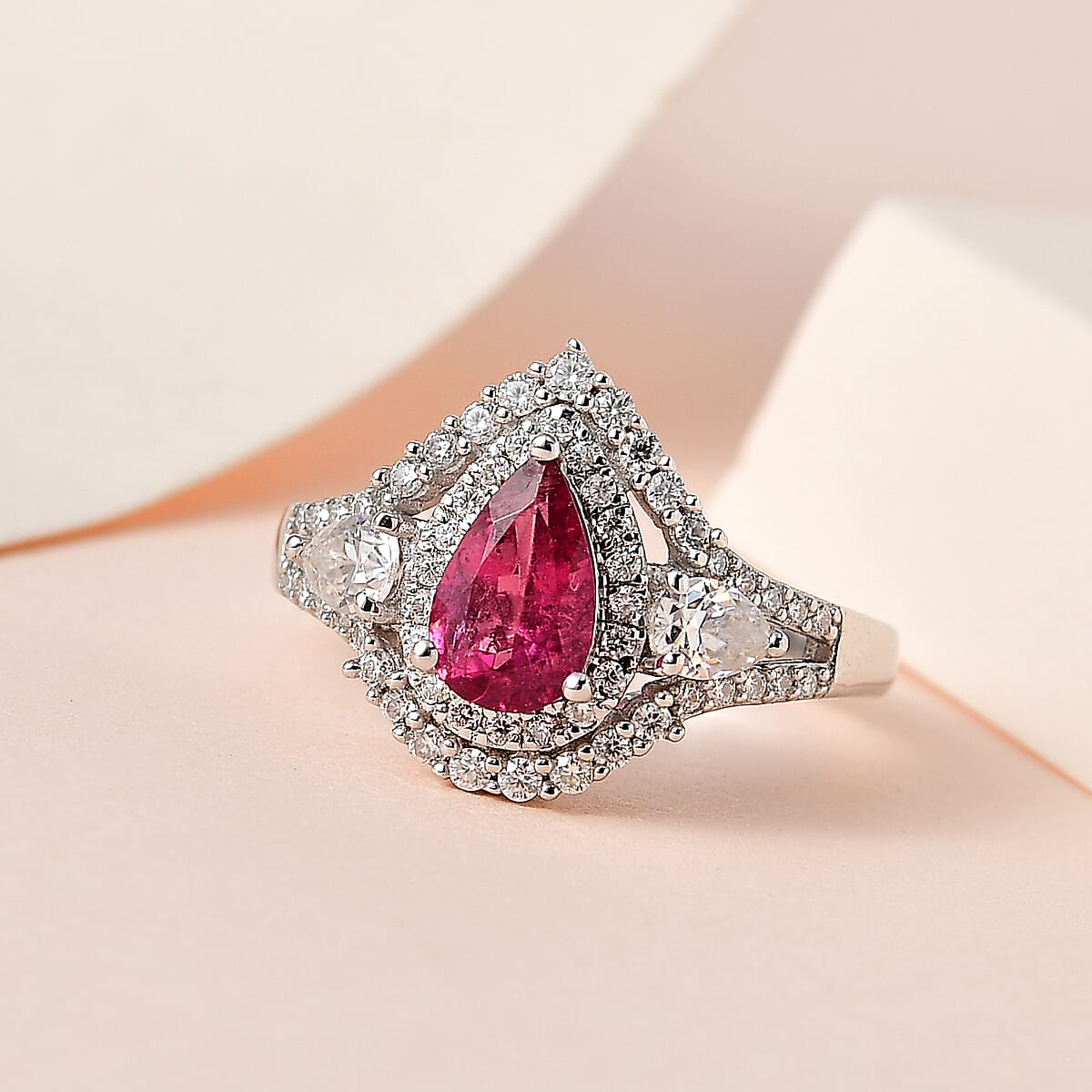 Premium Ouro Fino Rubellite and Moissanite Ring in Platinum Over Sterling Silver (Size 6.0) 1.40 ctw image number 1