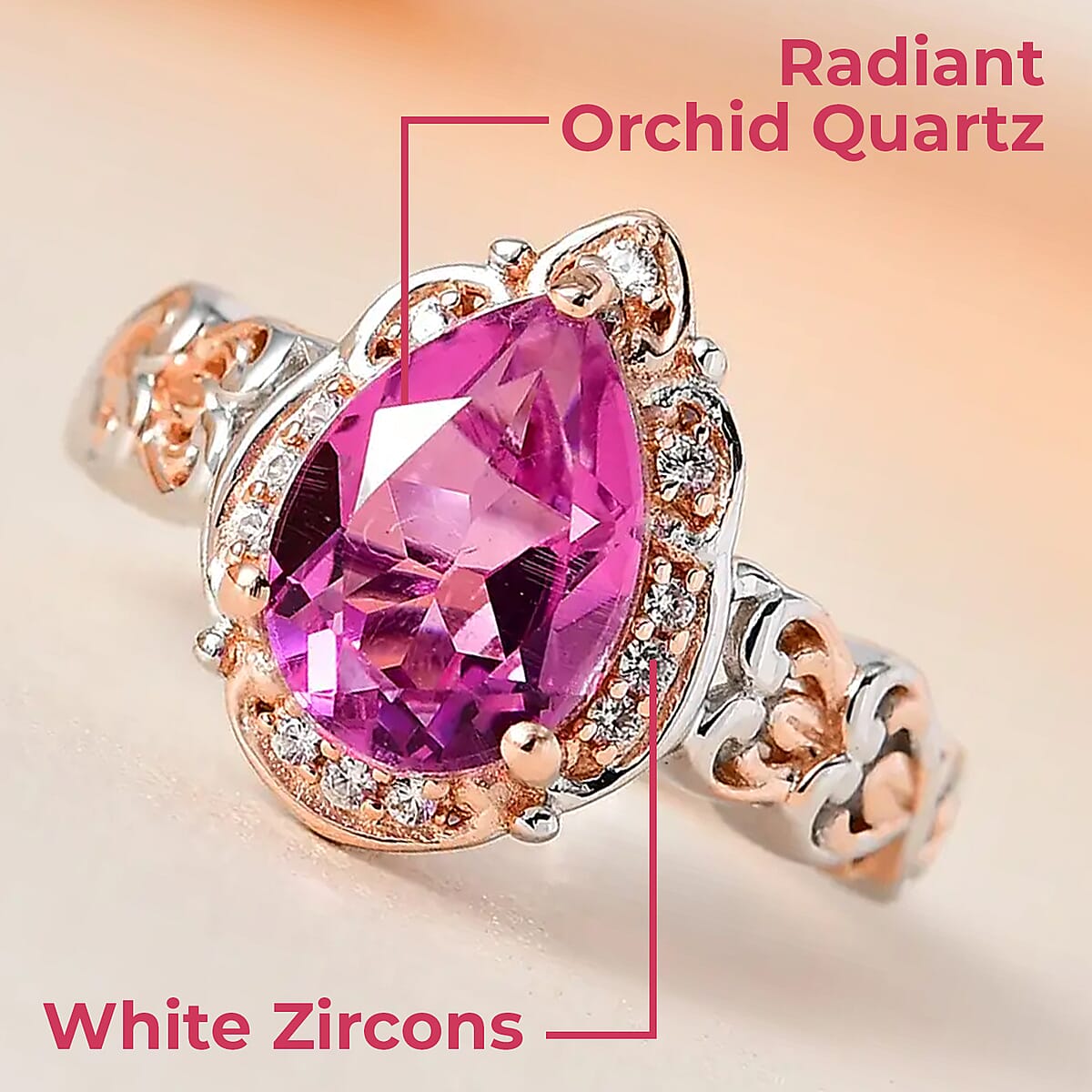Radiant Orchid Quartz (Triplet) and White Zircon Ring in Vermeil RG and Platinum Over Sterling Silver (Size 8.0) 2.35 ctw image number 1