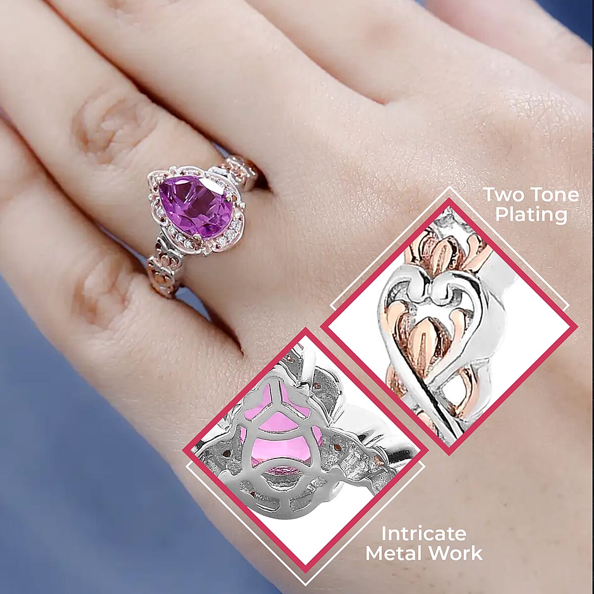 Radiant Orchid Quartz (Triplet) and White Zircon Ring in Vermeil RG and Platinum Over Sterling Silver (Size 8.0) 2.35 ctw image number 2