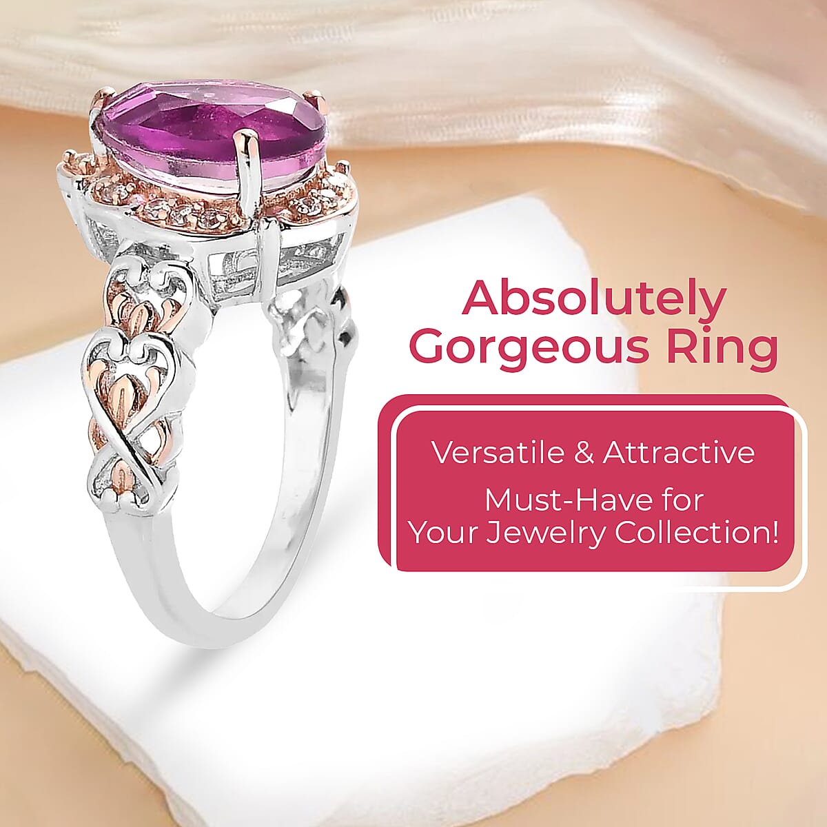 Radiant Orchid Quartz (Triplet) and White Zircon Ring in Vermeil RG and Platinum Over Sterling Silver (Size 8.0) 2.35 ctw image number 3