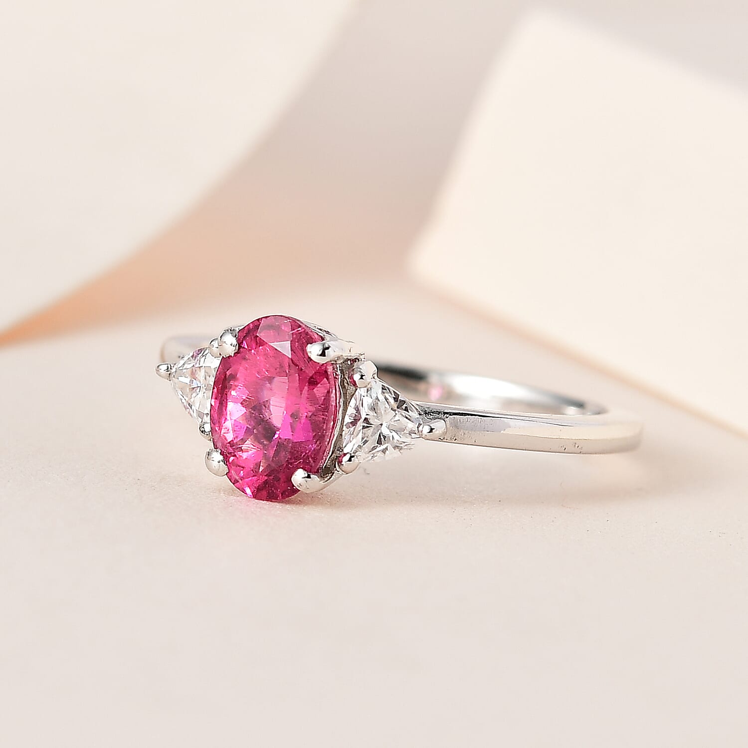 Premium Ouro Fino Rubellite and Moissanite 3 Stone Ring in Platinum Over Sterling Silver (Size 10.0) 1.00 ctw