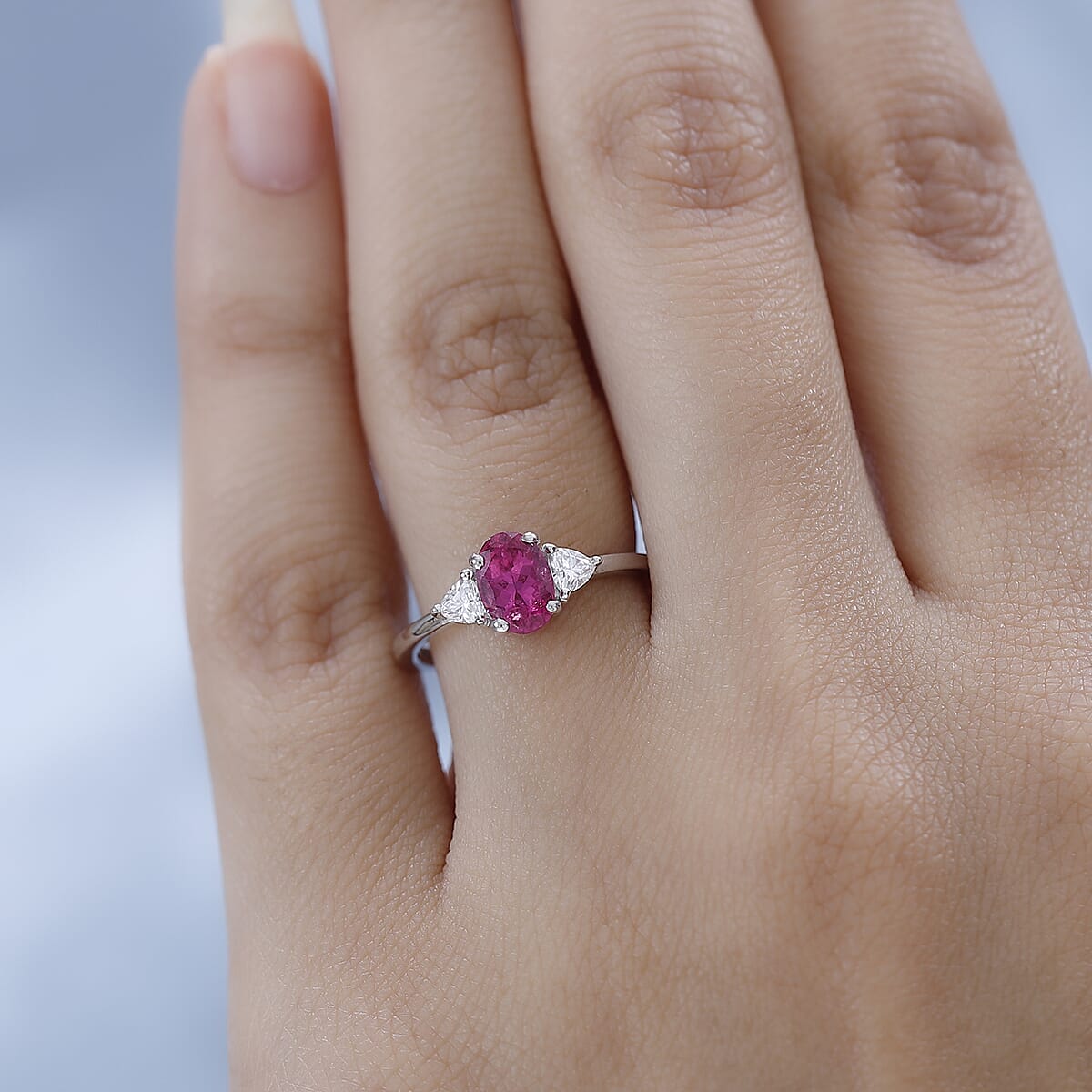 Premium Ouro Fino Rubellite, Moissanite 3 Stone Ring in Platinum Over Sterling Silver (Size 10.0) 1.00 ctw image number 2