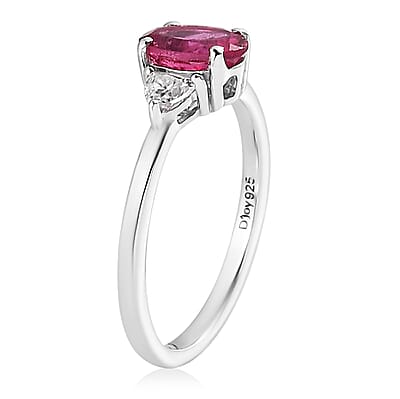 Premium Ouro Fino Rubellite and Moissanite 3 Stone Ring in Platinum Over Sterling Silver (Size 10.0) 1.00 ctw