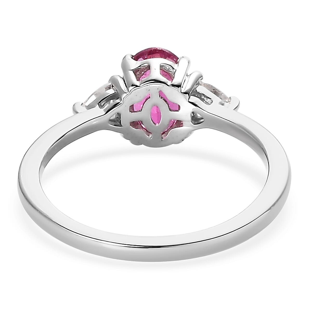 Premium Ouro Fino Rubellite and Moissanite 3 Stone Ring in Platinum Over Sterling Silver (Size 10.0) 1.00 ctw