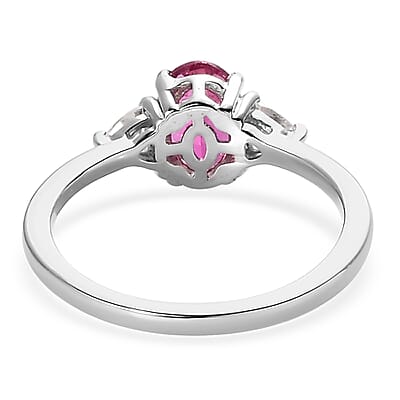Premium Ouro Fino Rubellite and Moissanite 3 Stone Ring in Platinum Over Sterling Silver (Size 10.0) 1.00 ctw