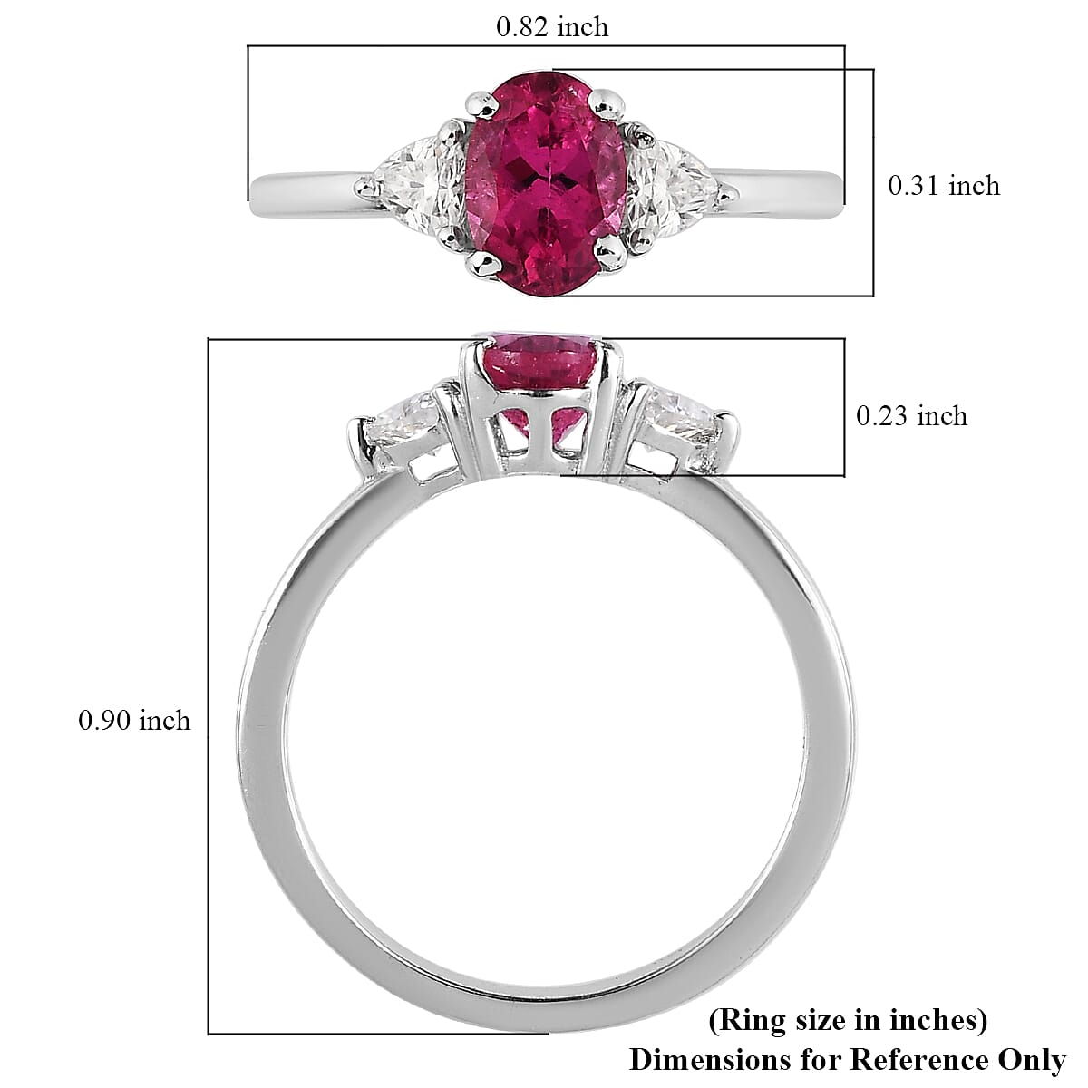Premium Ouro Fino Rubellite, Moissanite 3 Stone Ring in Platinum Over Sterling Silver (Size 10.0) 1.00 ctw image number 5