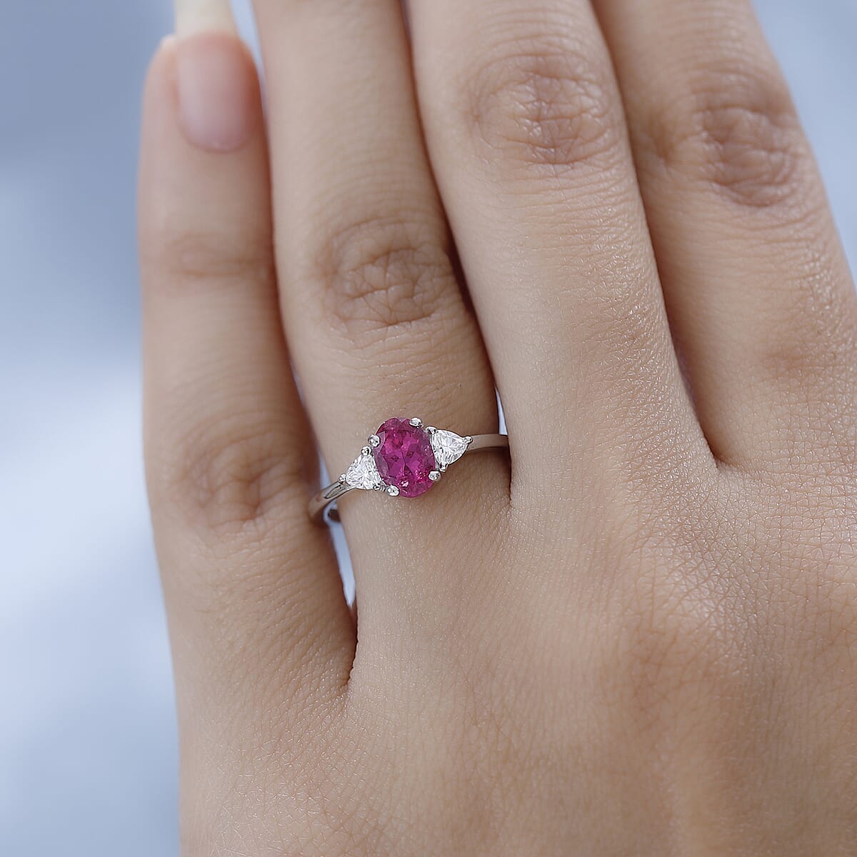 Premium Ouro Fino Rubellite and Moissanite 3 Stone Ring in Platinum Over Sterling Silver (Size 5.0) 1.00 ctw image number 2