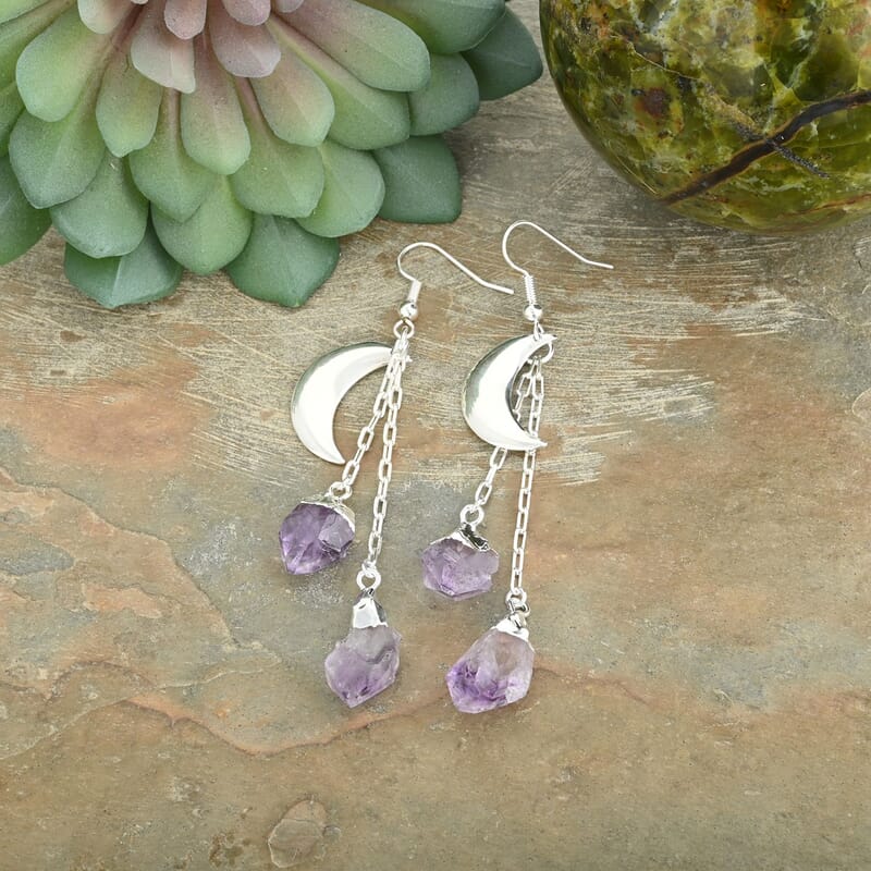 Made in Brazil Amethyst Point Moon Earrings in Silvertone 25.50 ctw
