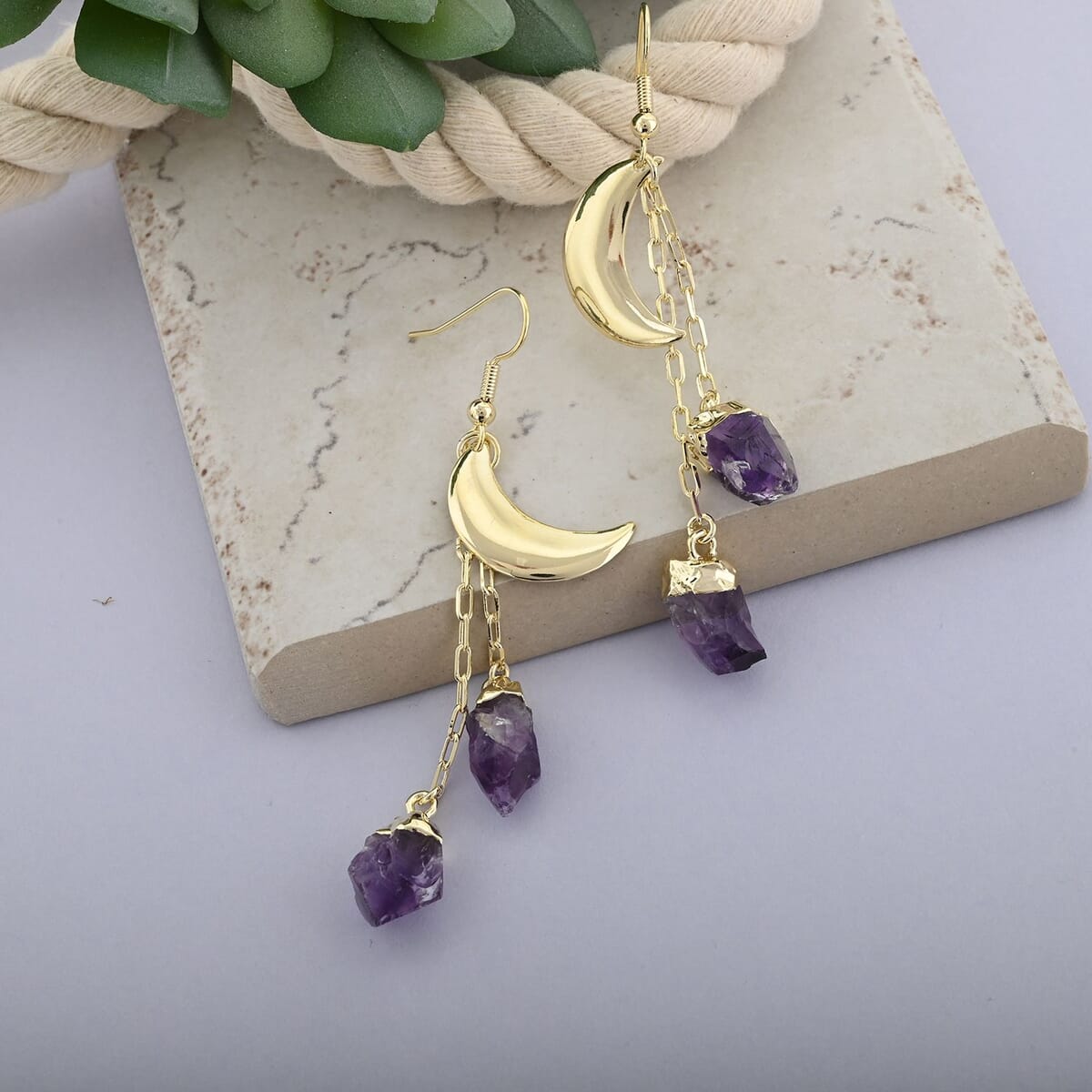 Made in Brazil Amethyst Point Moon Earrings in Goldtone 28.50 ctw image number 1