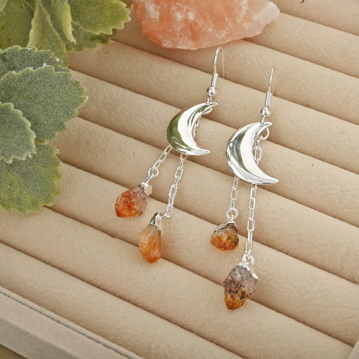 Made in Brazil Citrine Point Moon Earrings in Silvertone 22.50 ctw image number 1