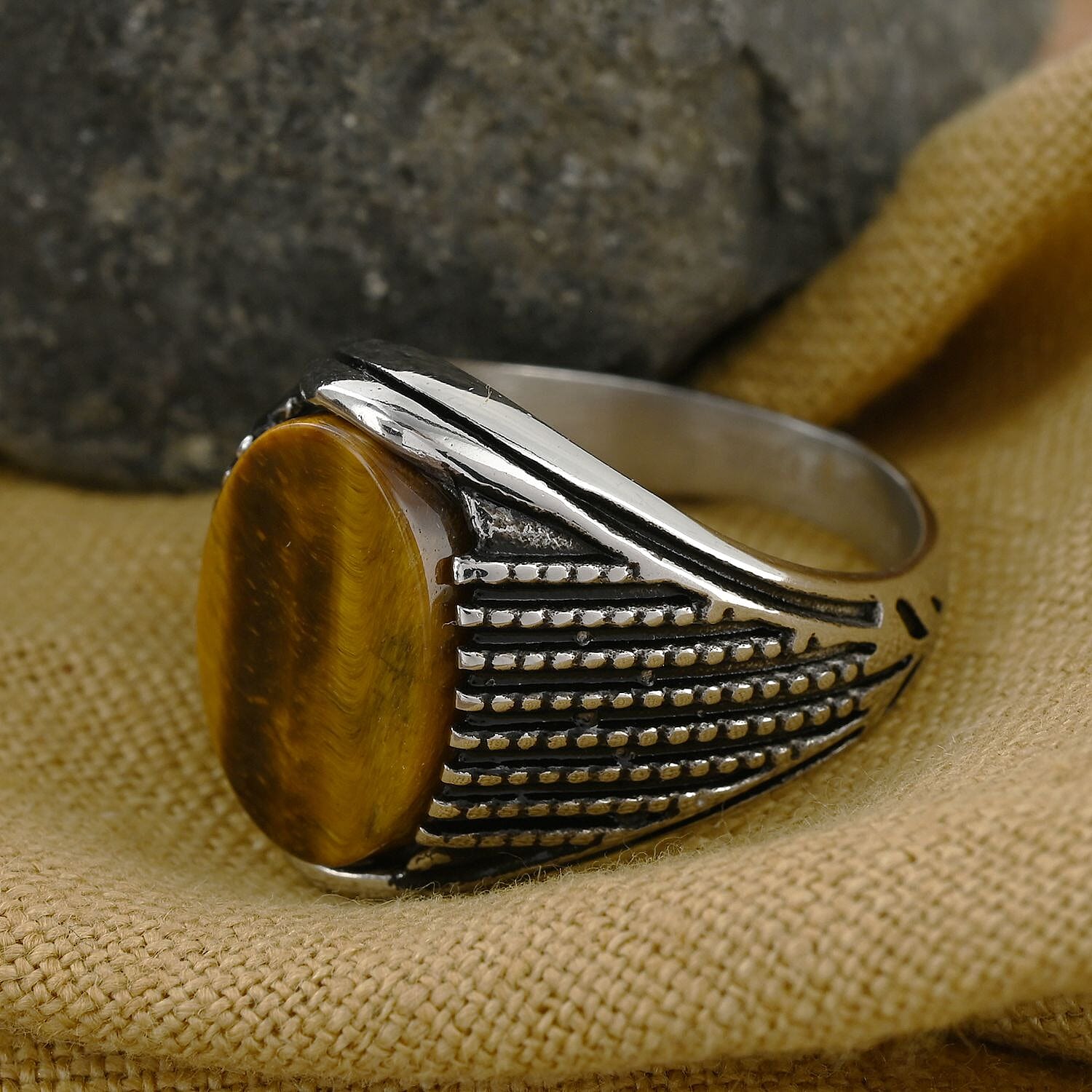 Tiger's Eye Men's Ring in Stainless Steel (Size 10.0) 6.50 ctw