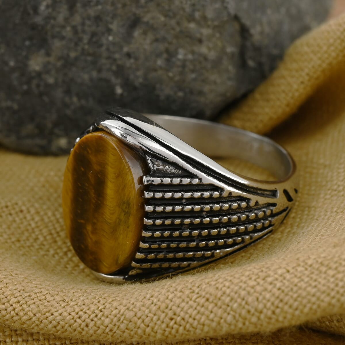 Tiger's Eye Men's Ring in Stainless Steel 6.50 ctw image number 1