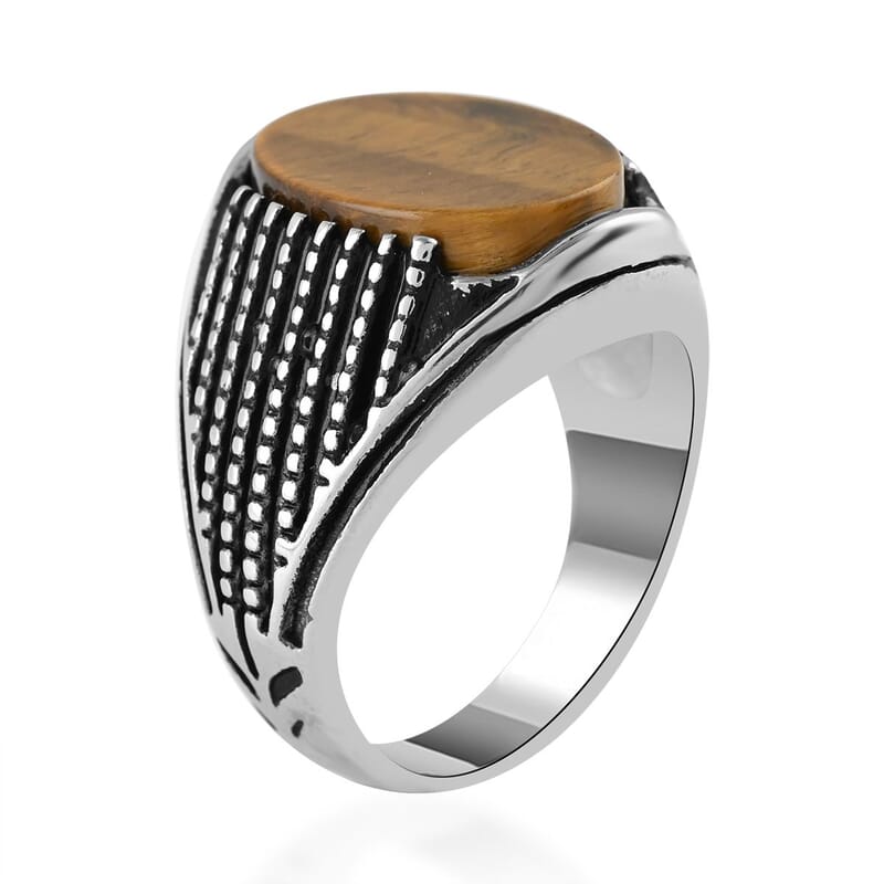 Tiger's Eye Men's Ring in Stainless Steel (Size 10.0) 6.50 ctw
