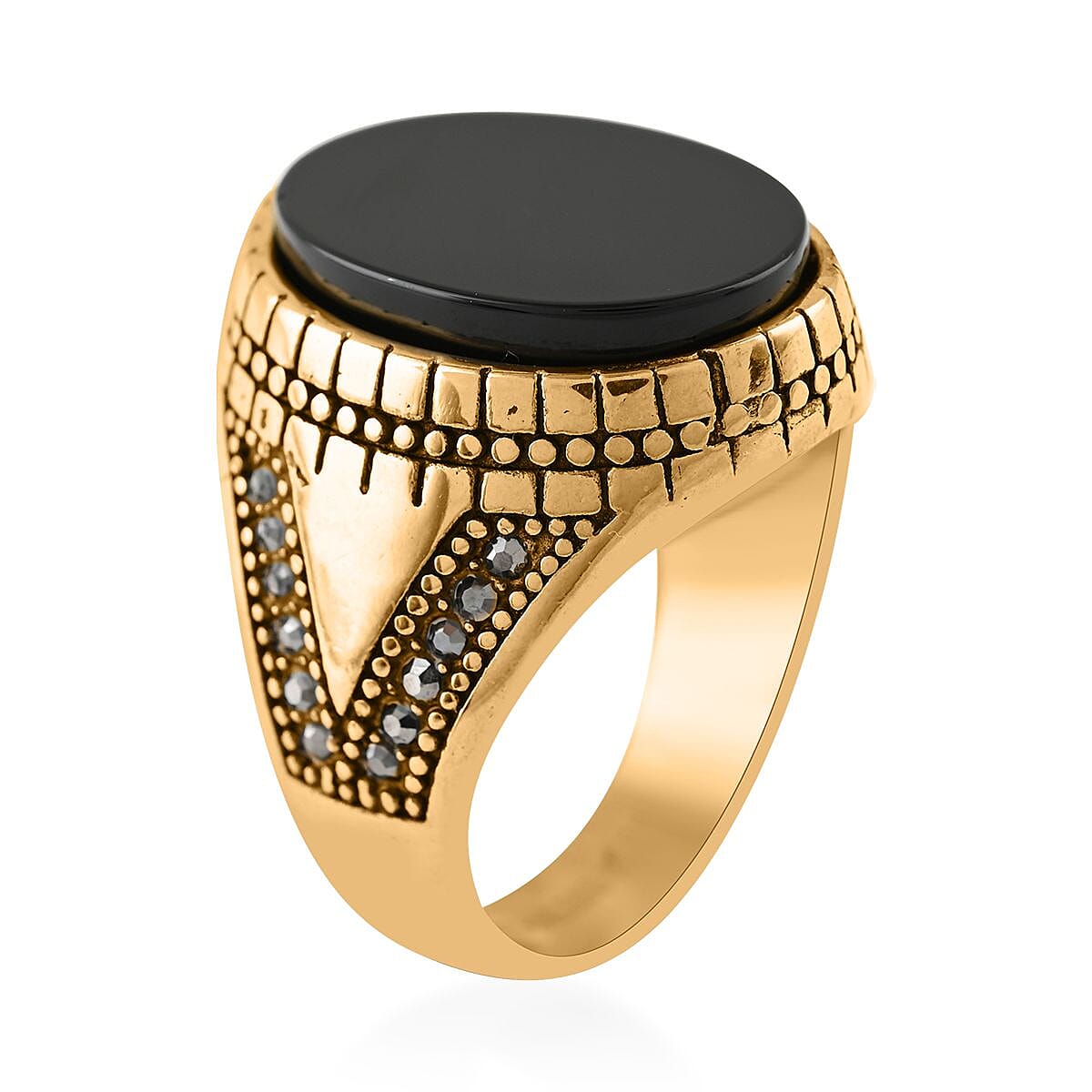 Black Onyx Men's Ring in ION Plated YG Stainless Steel (Size 9.0) 7.50 ctw image number 3