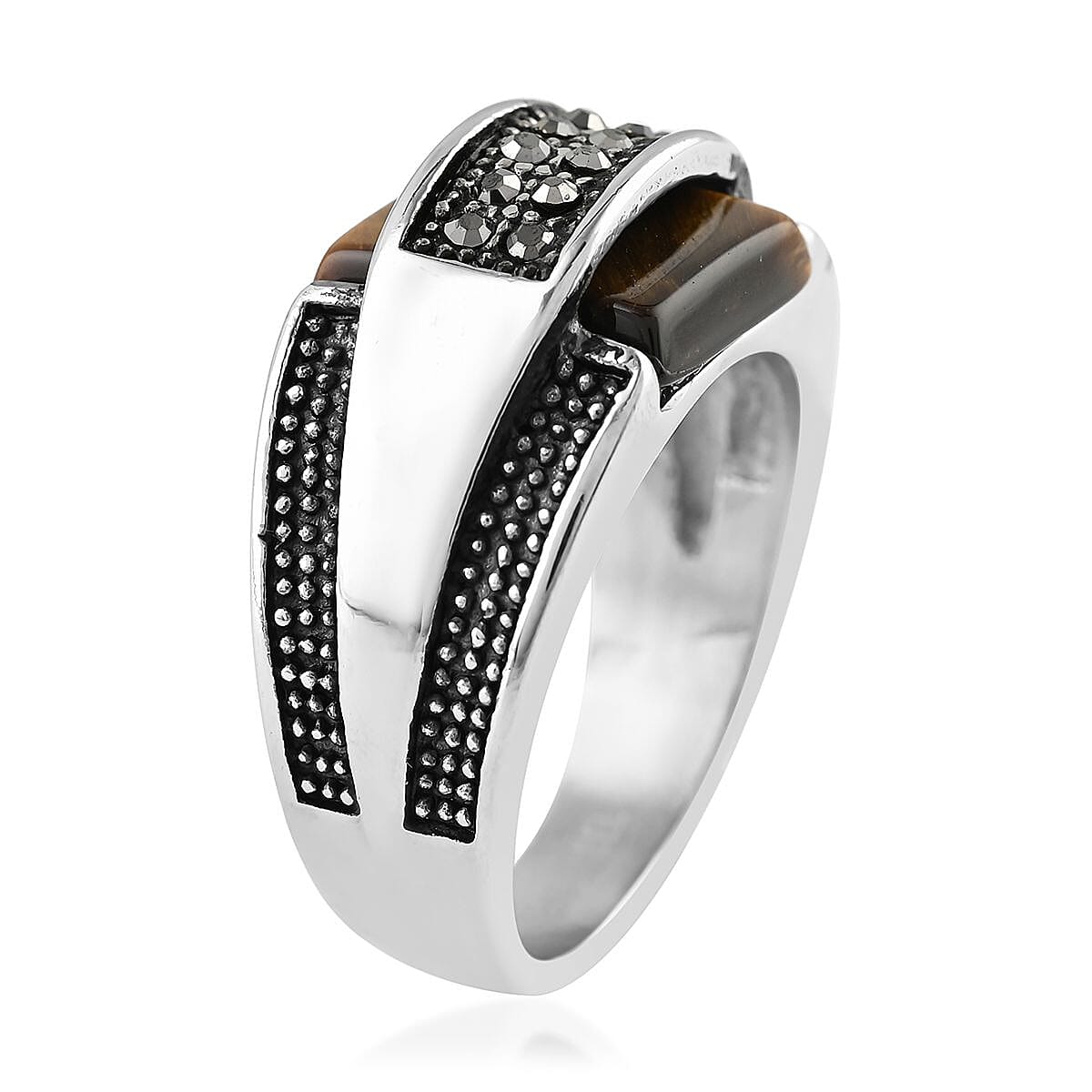 Tiger's Eye and Hematite Men's Ring in Stainless Steel 2.30 ctw image number 3