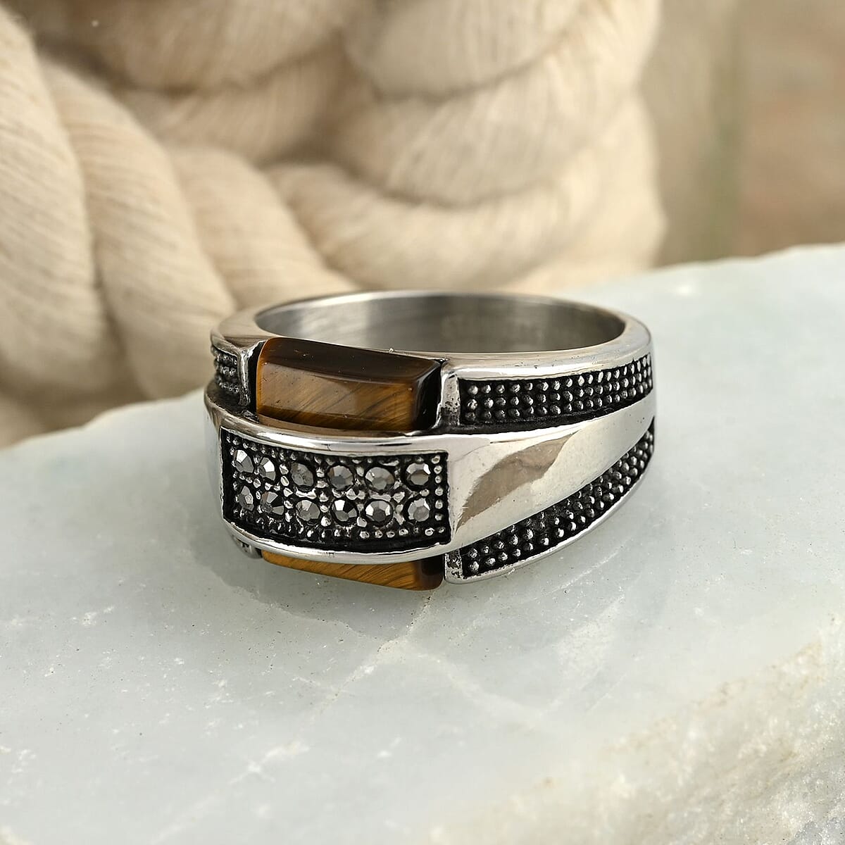 Tiger's Eye and Hematite Men's Ring in Stainless Steel (Size 13.0) 2.30 ctw image number 1