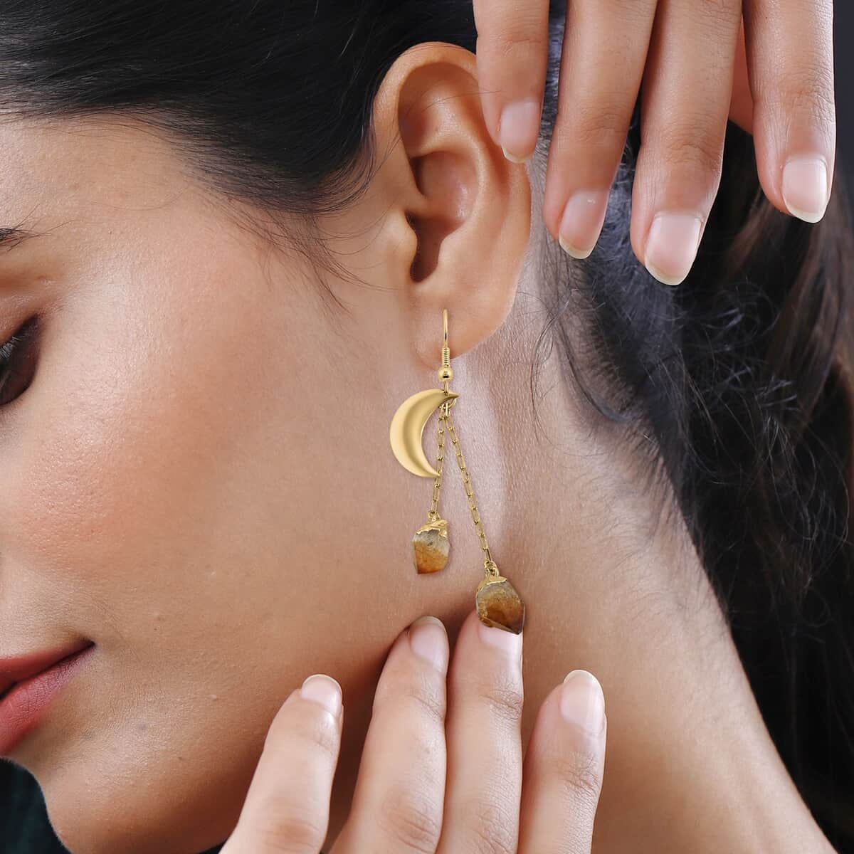 Made in Brazil Citrine Point Moon Earrings in Goldtone 27.00 ctw image number 2