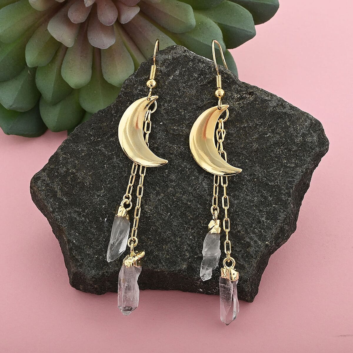 Made in Brazil Crystal Point Moon Earrings in Goldtone 14.00 ctw image number 1
