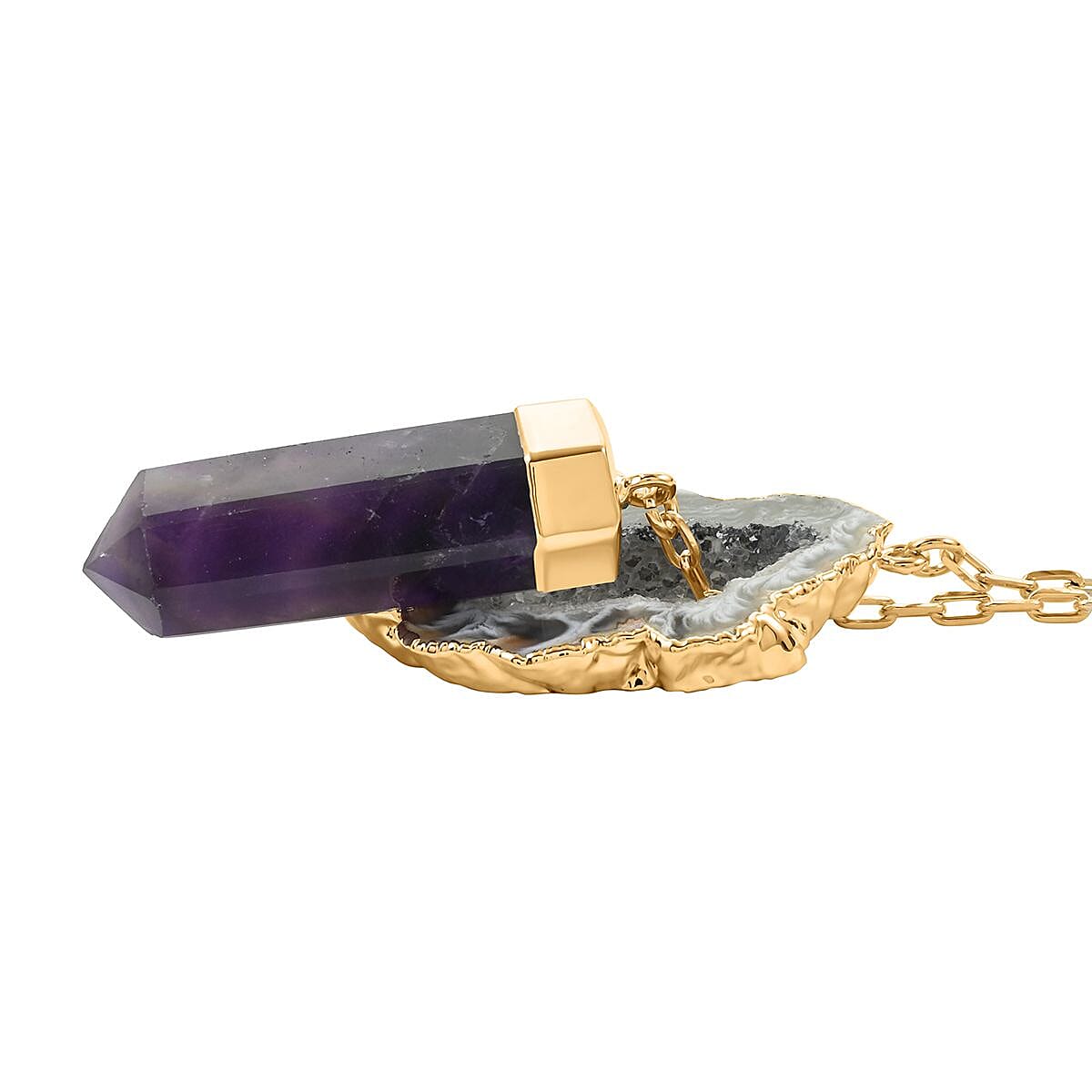 Made in Brazil Agate Occo and Terminated Dark Amethyst Necklace 18 Inches in Goldtone 44.85 ctw