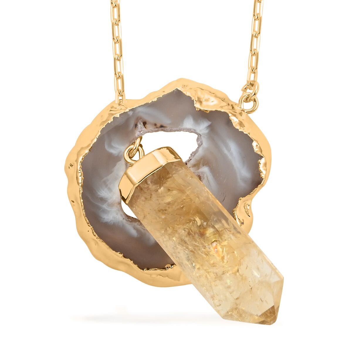 Made in Brazil Agate Occo and Terminated Light Citrine Pendant Necklace 18 Inches in Goldtone 82.50 ctw image number 0
