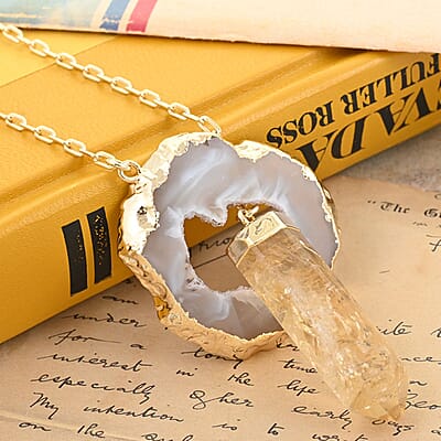 Made in Brazil Agate Occo and Terminated Light Citrine Pendant Necklace 18 Inches in Goldtone 41.25 ctw