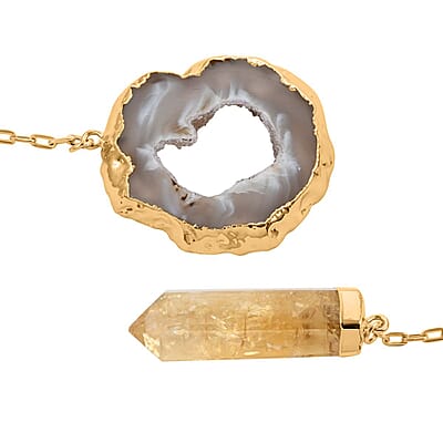 Made in Brazil Agate Occo and Terminated Light Citrine Pendant Necklace 18 Inches in Goldtone 41.25 ctw
