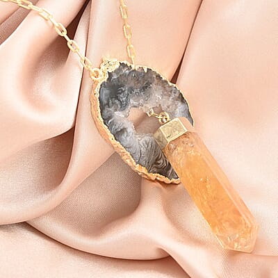 Made in Brazil Agate Occo, Terminated Light Citrine Pendant Necklace (18 Inches) in Goldtone 69.50 ctw