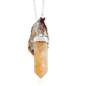 Made in Brazil Agate Occo, Terminated Light Citrine Pendant Necklace 18 Inches in Silvertone 91.40 ctw