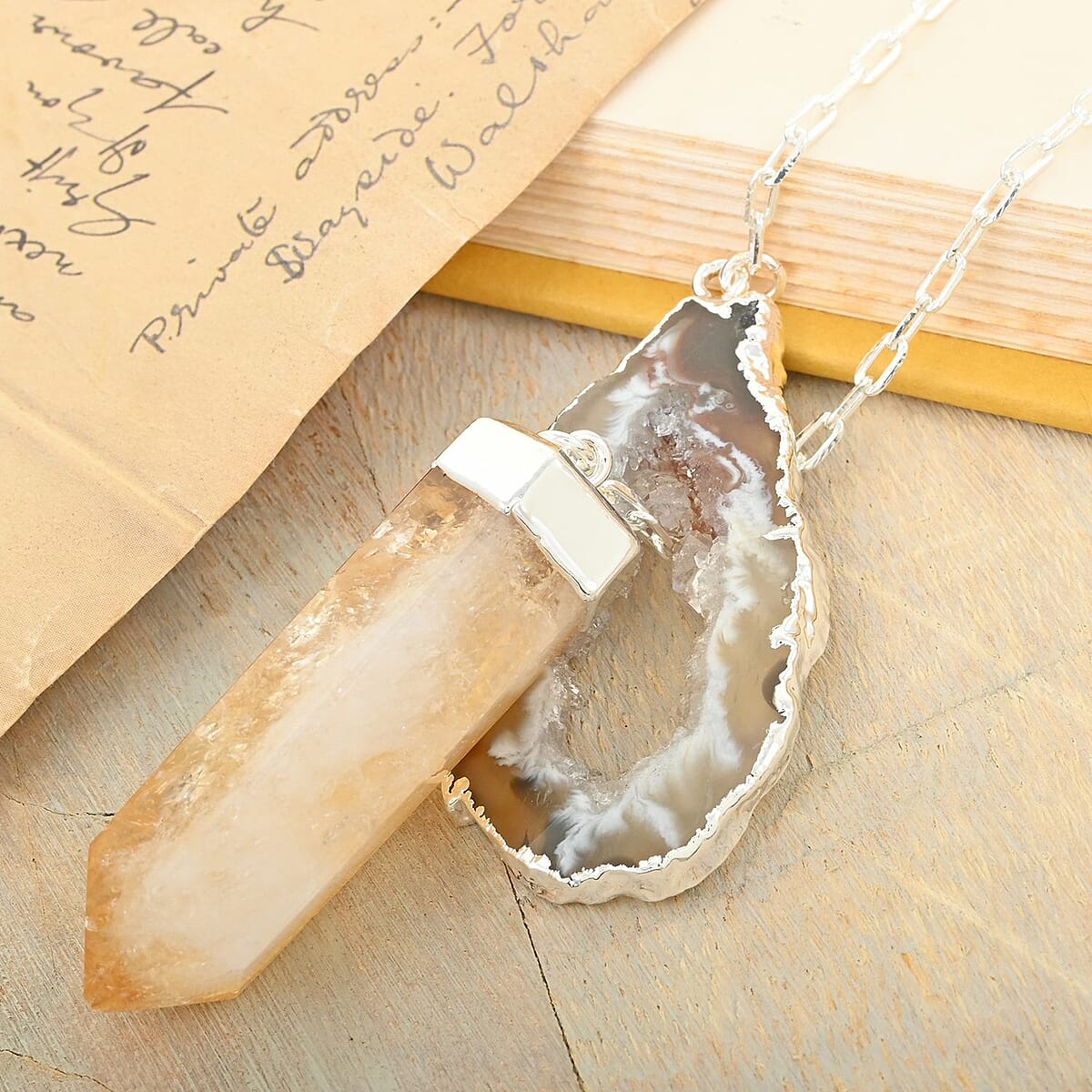 Agate Occo and Terminated Light Citrine Pendant Necklace 18 Inches in Silvertone 91.40 ctw image number 1