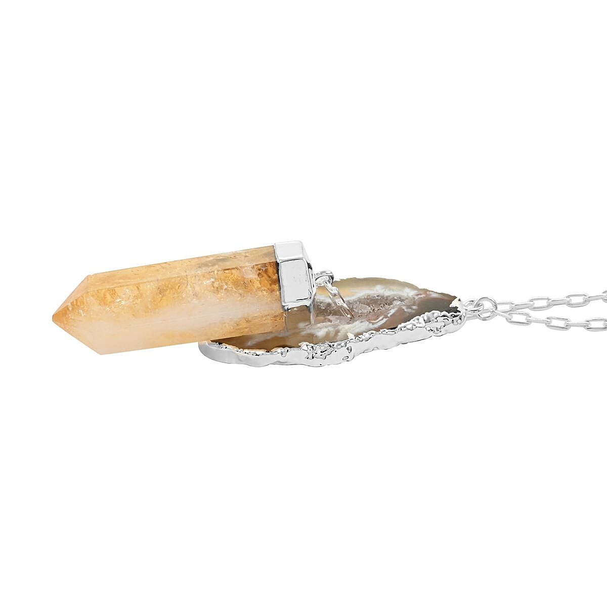Agate Occo and Terminated Light Citrine Pendant Necklace 18 Inches in Silvertone 91.40 ctw image number 3