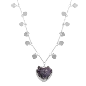 Amethyst Druzy Heart Necklace 17-19 Inches in Silvertone 17.50 ctw