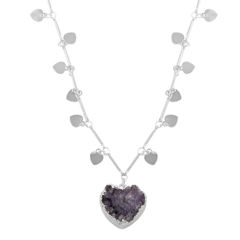 Amethyst Druzy Heart Necklace 17-19 Inches in Silvertone 17.50 ctw