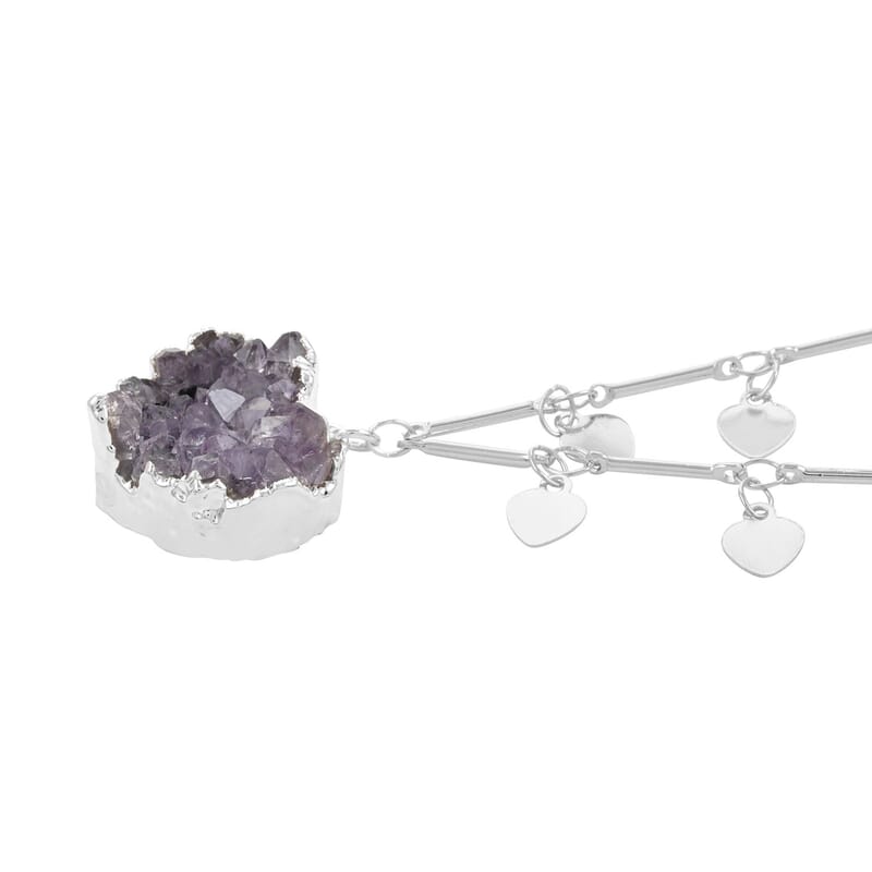 Amethyst Druzy Heart Necklace 17-19 Inches in Silvertone 17.50 ctw