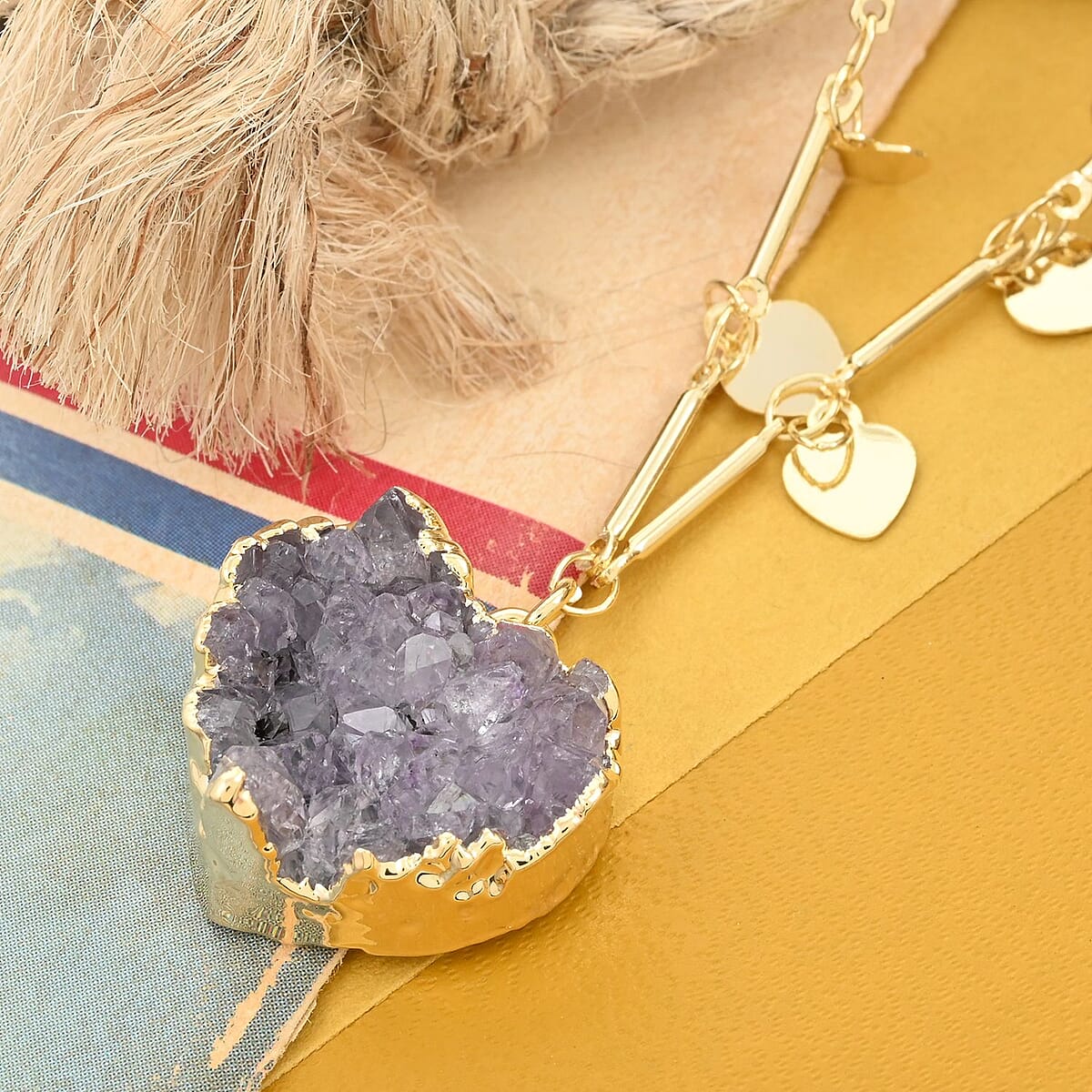 Amethyst Druzy 17.50 ctw Heart Necklace in Goldtone 17-19 Inches image number 1