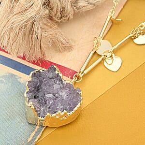 Amethyst Druzy 17.50 ctw Heart Necklace in Goldtone 17-19 Inches