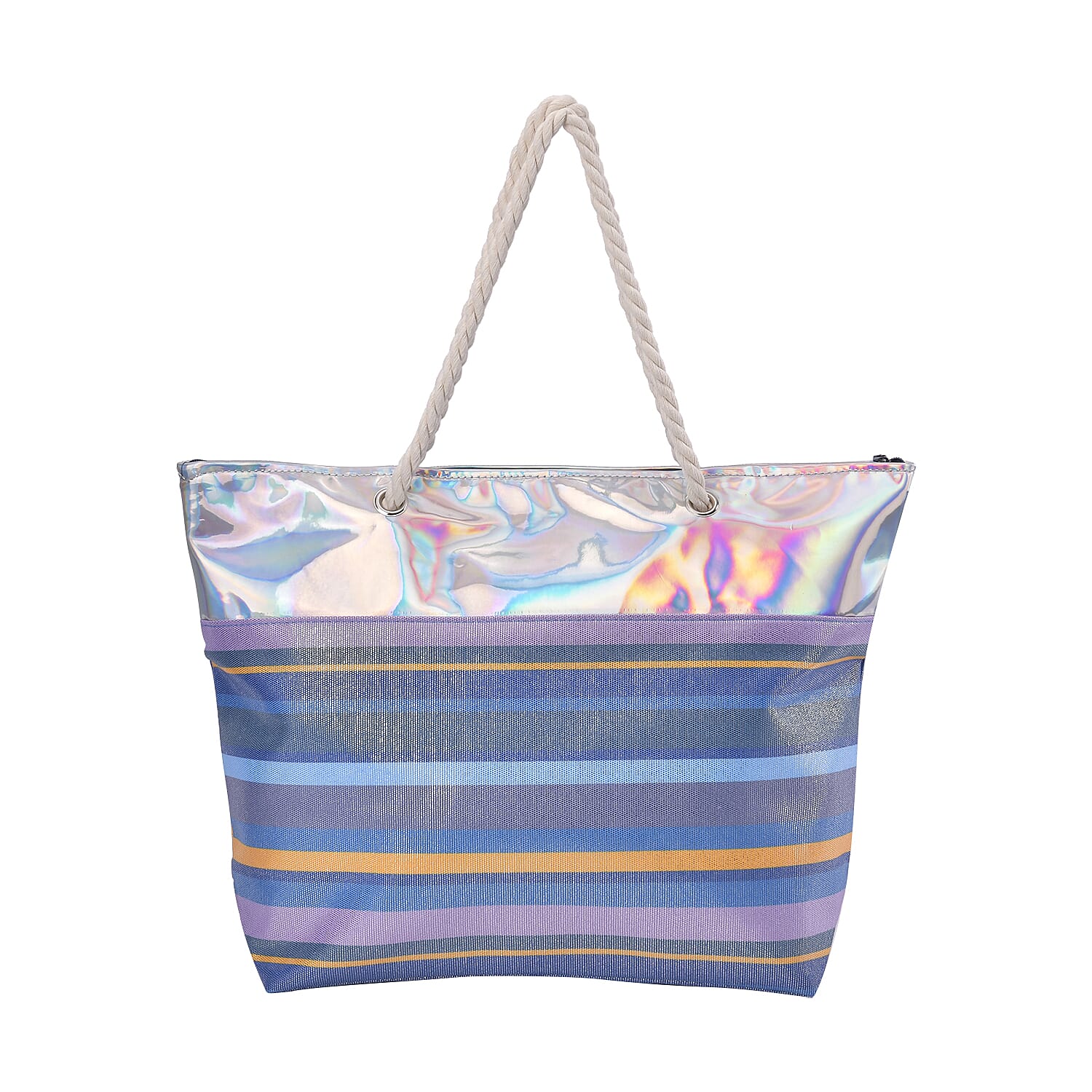 Blue and Gray Stripe Pattern Canvas Faux Leather Tote Bag