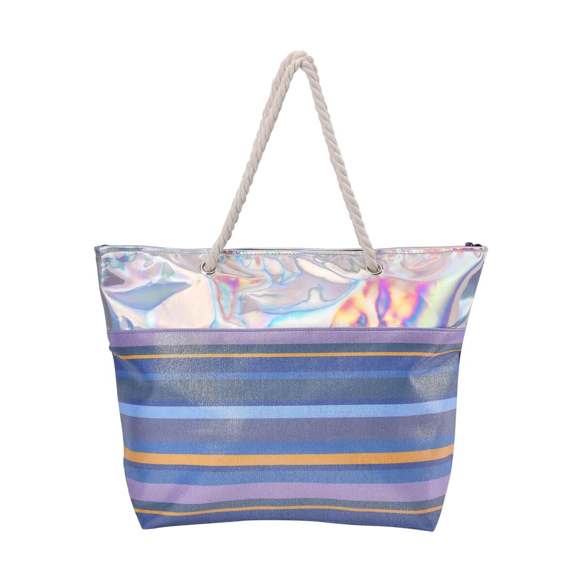 Blue and Gray Stripe Pattern Canvas Faux Leather Tote Bag image number 0