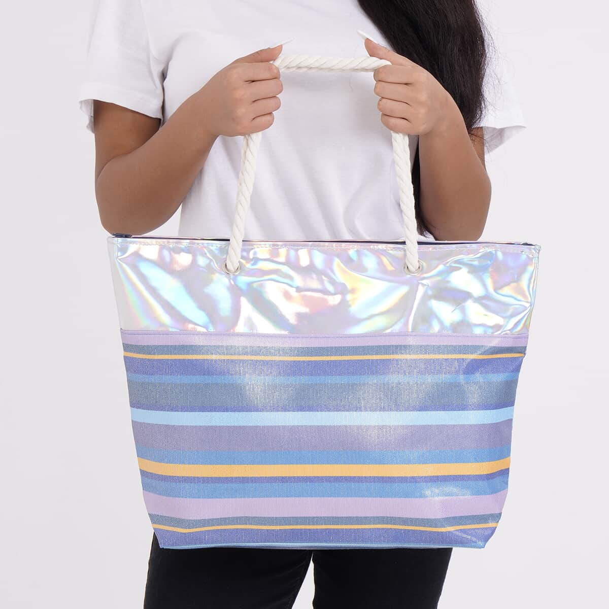 Blue and Gray Streak Pattern Canvas Faux Leather Tote Bag (19.7"x5.5"x14") image number 2