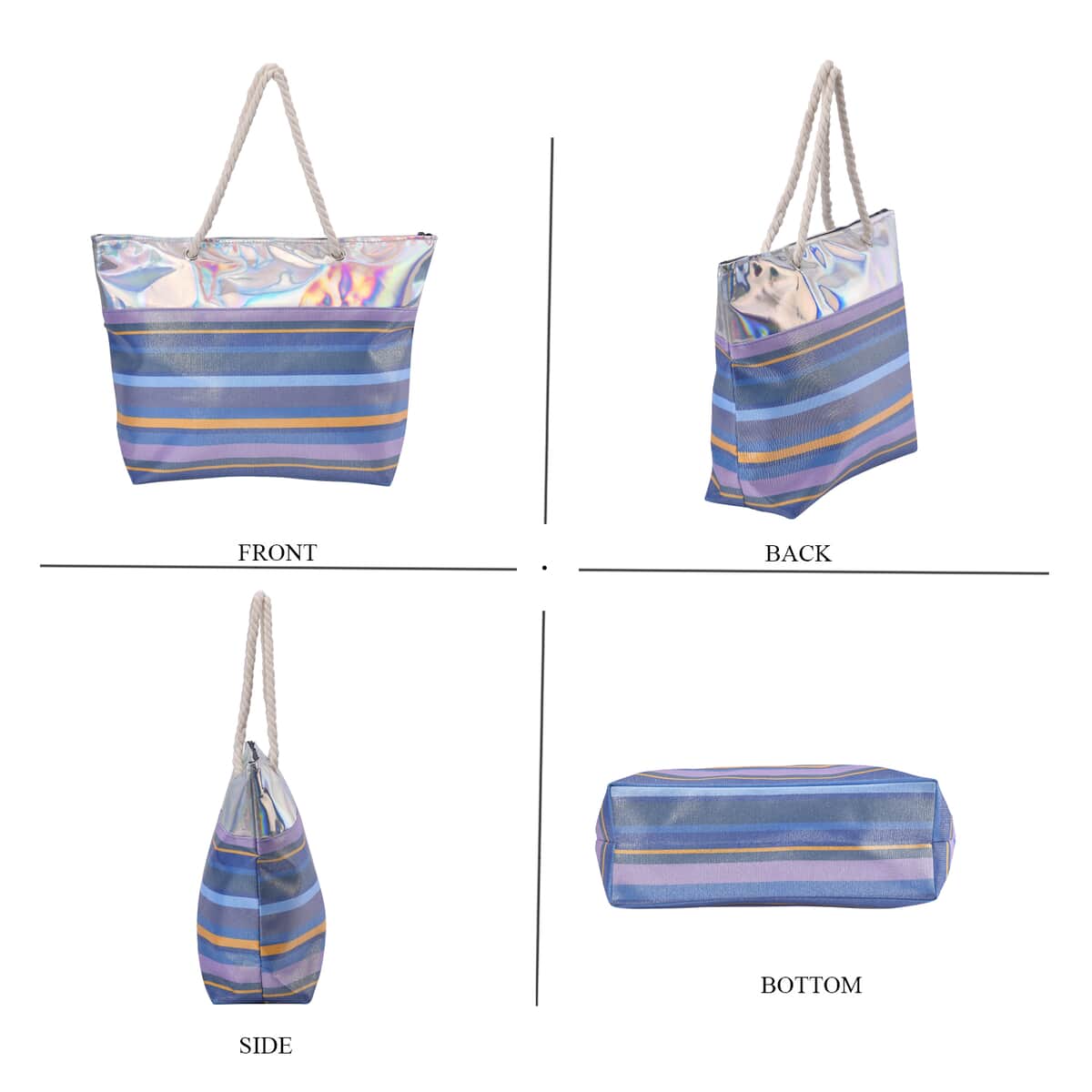 Blue and Gray Stripe Pattern Canvas Faux Leather Tote Bag image number 3