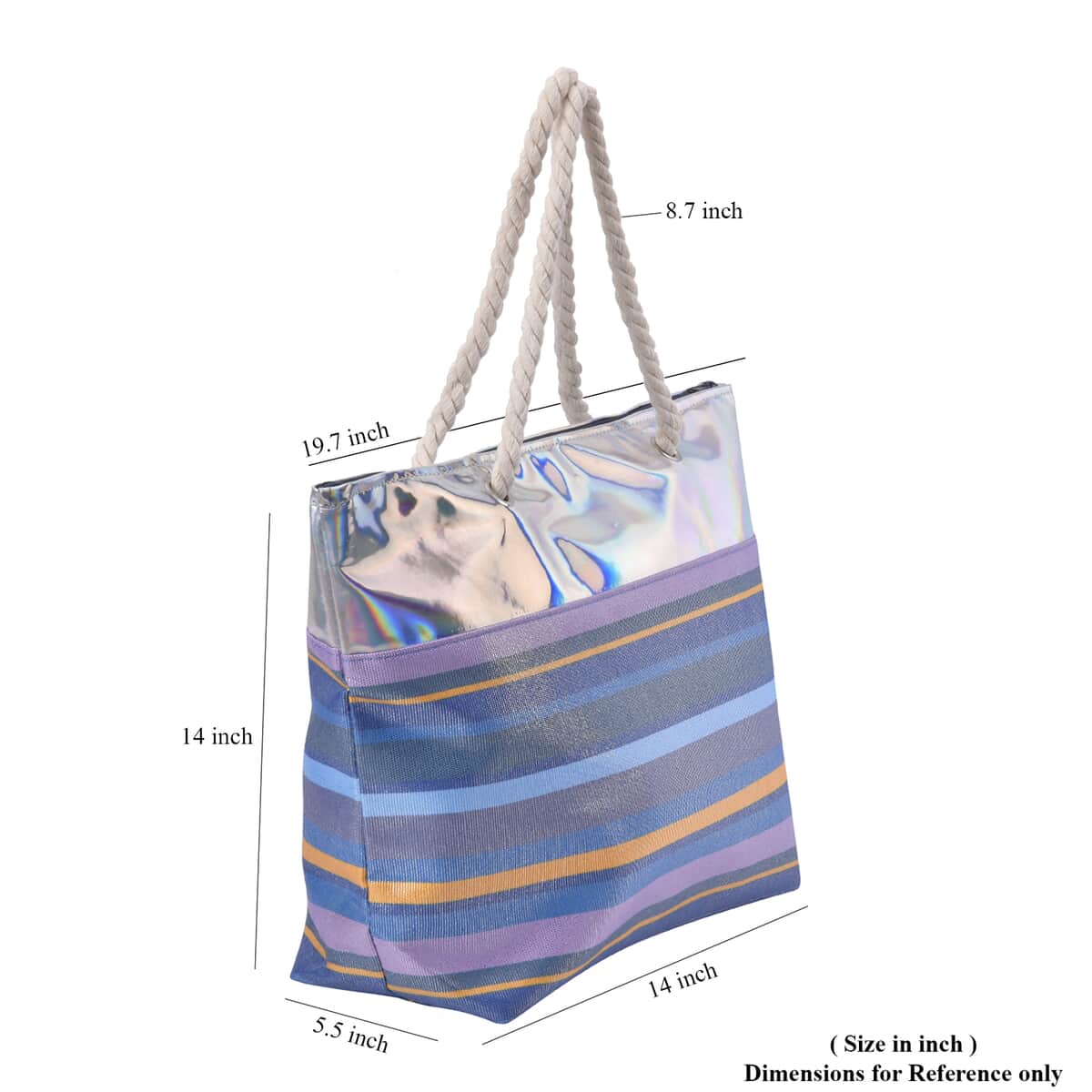 Blue and Gray Stripe Pattern Canvas Faux Leather Tote Bag image number 6