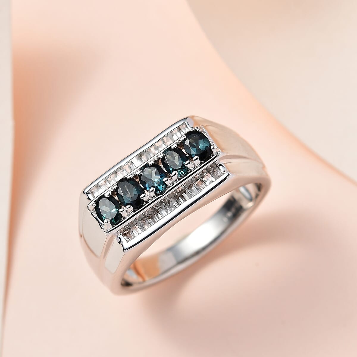 Premium Monte Belo Indicolite and White Topaz Men's Ring in Platinum Over Sterling Silver 1.40 ctw image number 1