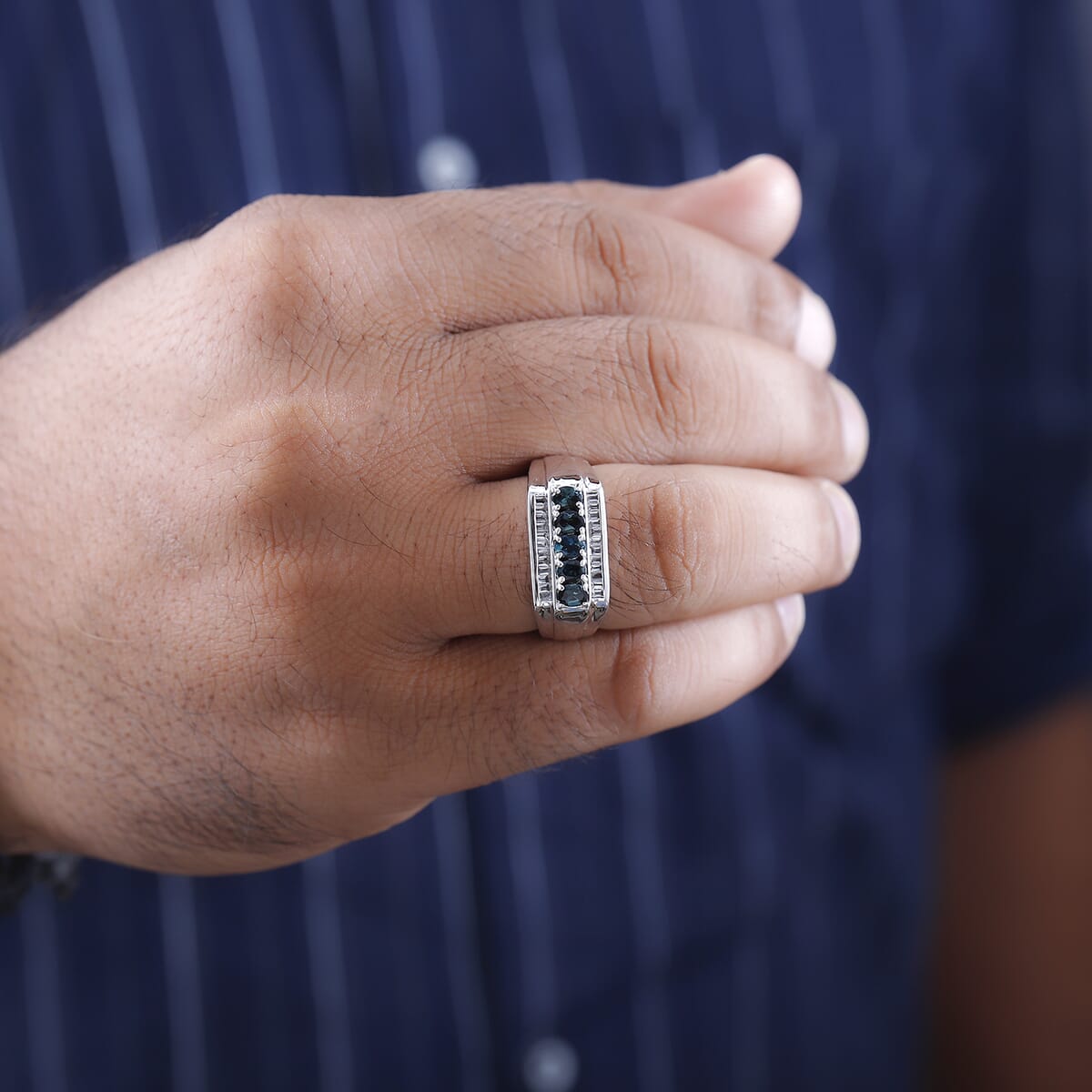 Premium Monte Belo Indicolite and White Topaz Men's Ring in Platinum Over Sterling Silver 1.40 ctw image number 2