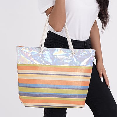 Orange and Blue Stripe Pattern Canvas Faux Leather Tote Bag