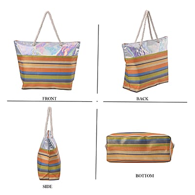 Orange and Blue Stripe Pattern Canvas Faux Leather Tote Bag