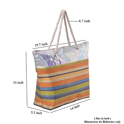 Orange and Blue Stripe Pattern Canvas Faux Leather Tote Bag