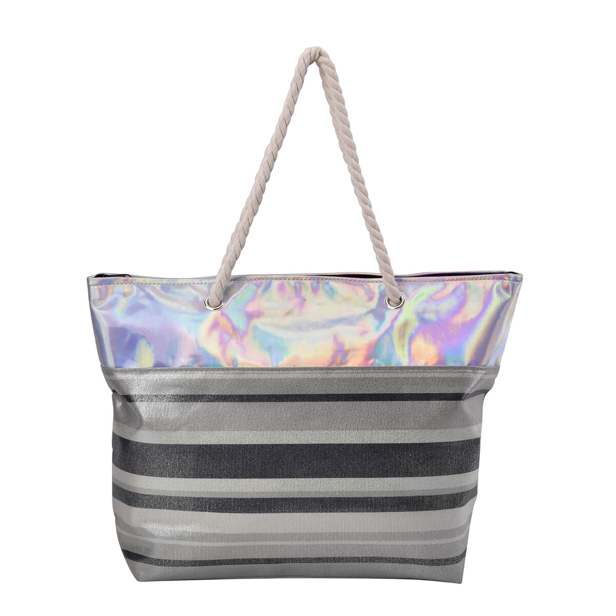 Black and Gray Stripe Pattern Canvas Faux Leather Tote Bag image number 0