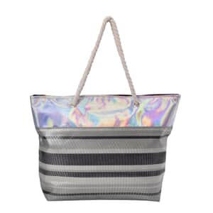 Black and Gray Stripe Pattern Canvas Faux Leather Tote Bag